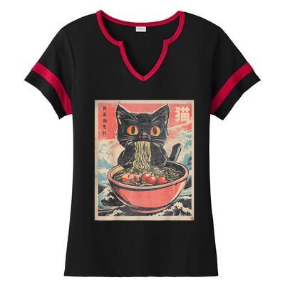 Cat Ramen Japanese Funny Graphic Tees Kawaii Cat Anime Gifts Ladies Halftime Notch Neck Tee