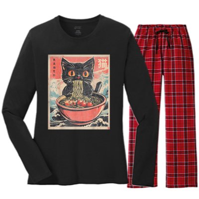 Cat Ramen Japanese Funny Graphic Tees Kawaii Cat Anime Gifts Women's Long Sleeve Flannel Pajama Set 