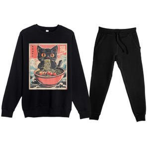 Cat Ramen Japanese Funny Graphic Tees Kawaii Cat Anime Gifts Premium Crewneck Sweatsuit Set