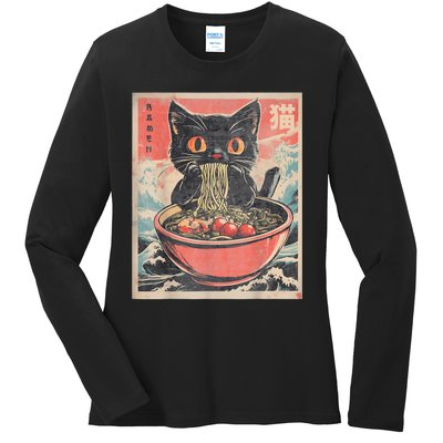 Cat Ramen Japanese Funny Graphic Tees Kawaii Cat Anime Gifts Ladies Long Sleeve Shirt