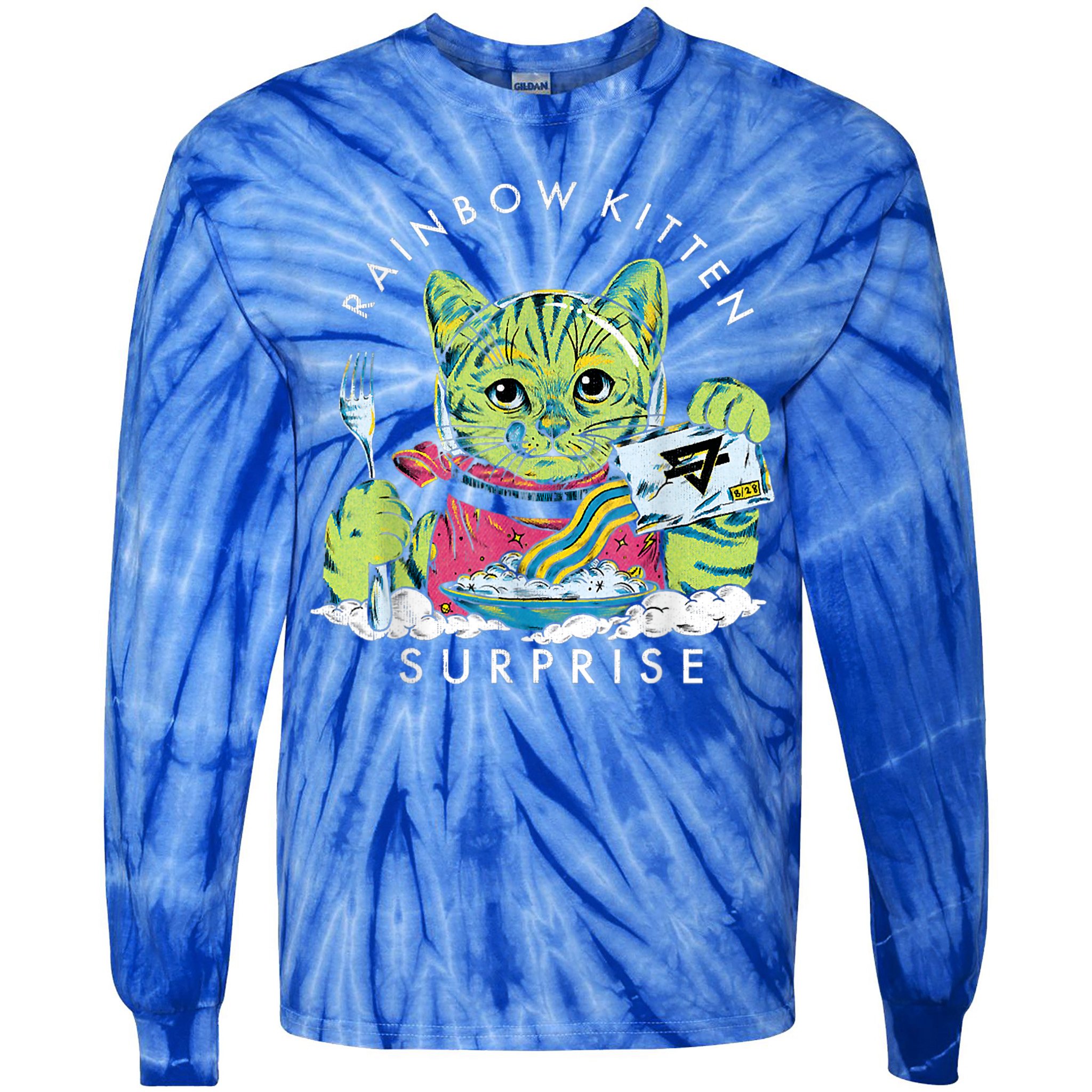 Cats Rainbow Kitten Surprise Cute Eat Retro Animals Vintage Tie-Dye Long Sleeve Shirt
