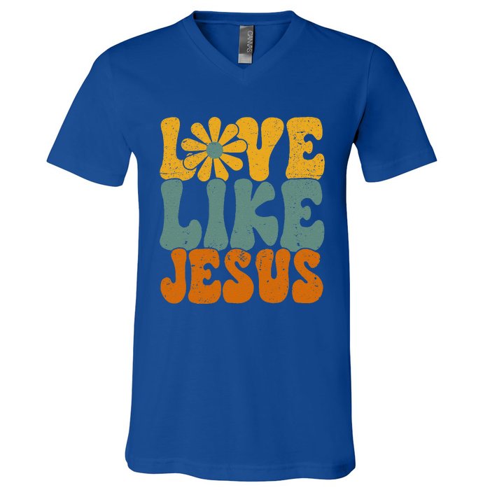 Christian Retro Love Like Jesus Religious Faith God 70s V-Neck T-Shirt