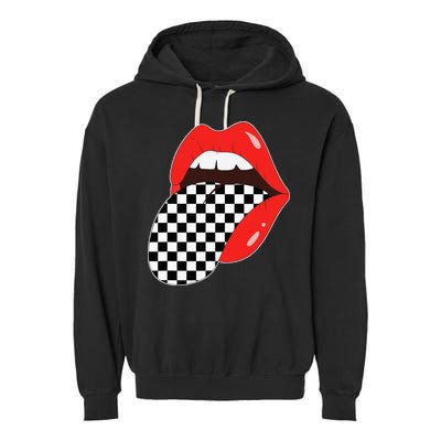 Checkerboard Red Lips Checkered Tongue Out Garment-Dyed Fleece Hoodie