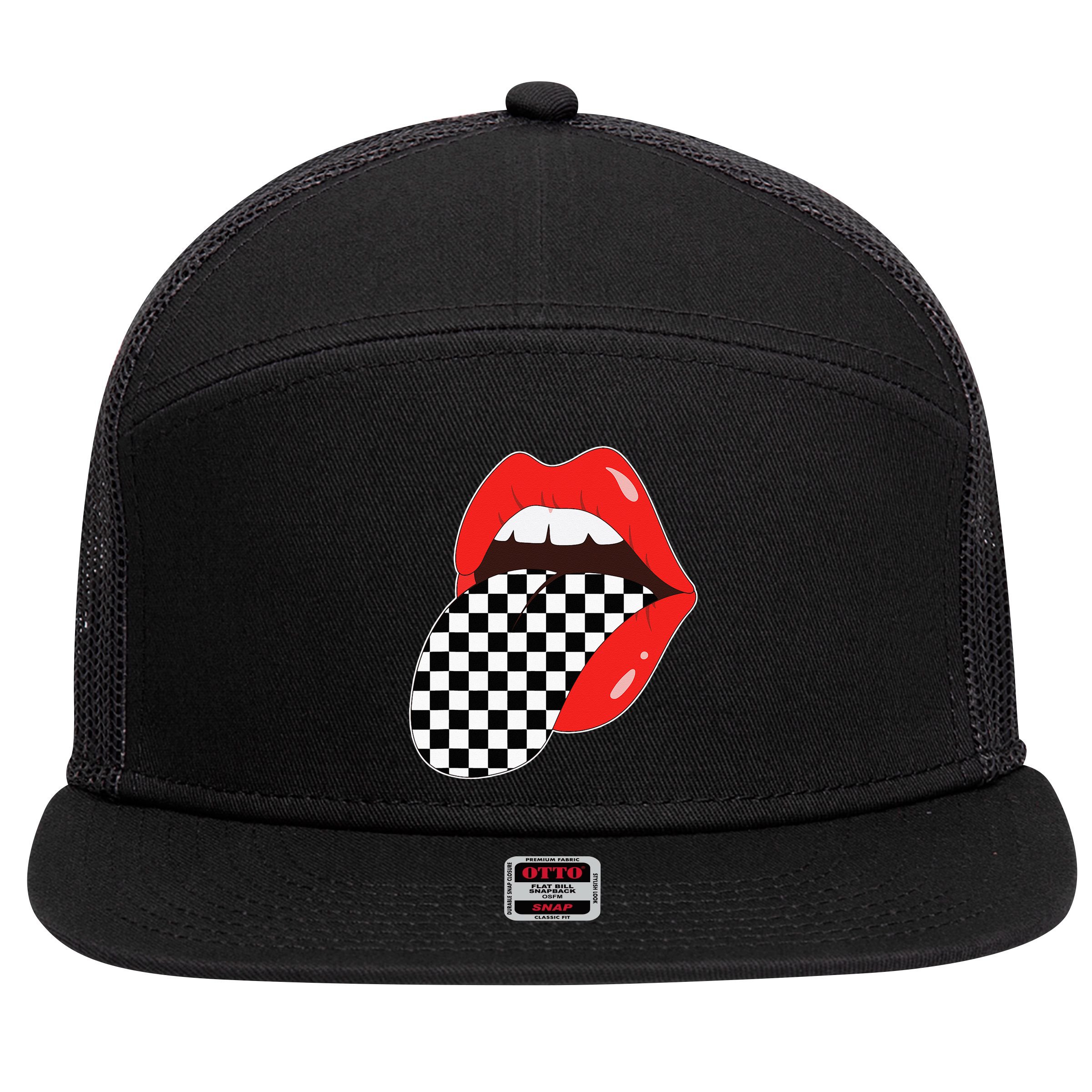 Checkerboard Red Lips Checkered Tongue Out 7 Panel Mesh Trucker Snapback Hat