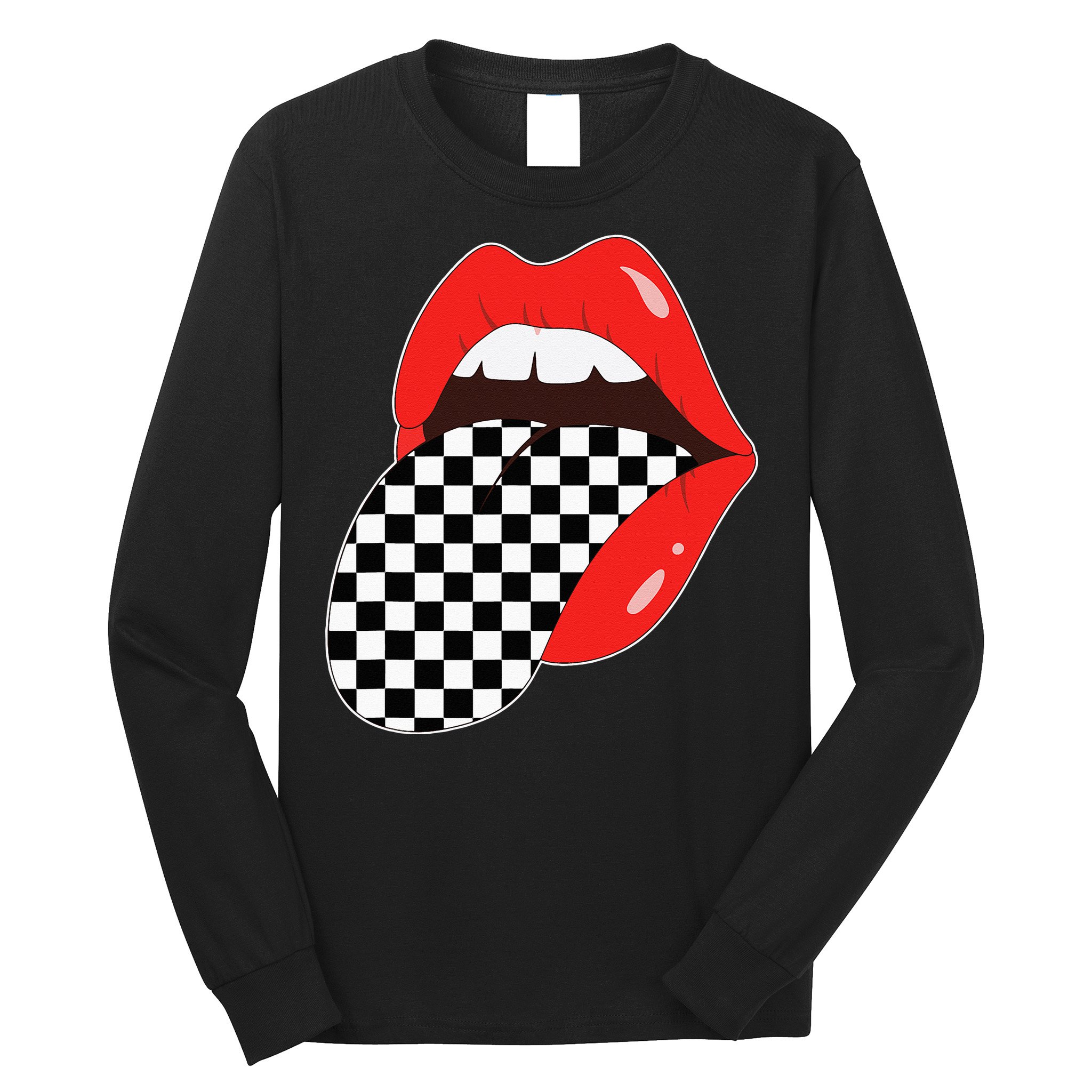 Checkerboard Red Lips Checkered Tongue Out Long Sleeve Shirt