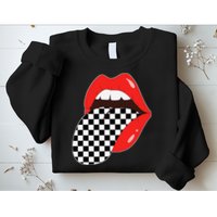 Checkerboard Red Lips Checkered Tongue Out Sweatshirt