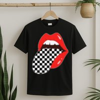 Checkerboard Red Lips Checkered Tongue Out T-Shirt