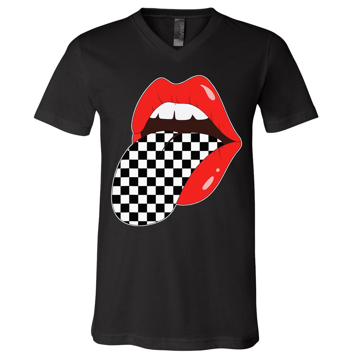 Checkerboard Red Lips Checkered Tongue Out V-Neck T-Shirt
