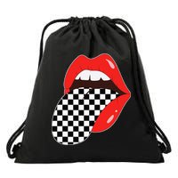 Checkerboard Red Lips Checkered Tongue Out Drawstring Bag