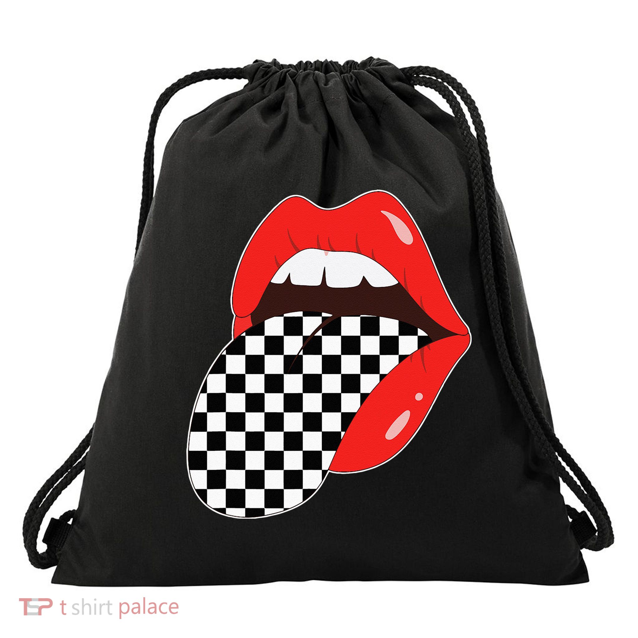 Checkerboard Red Lips Checkered Tongue Out Drawstring Bag