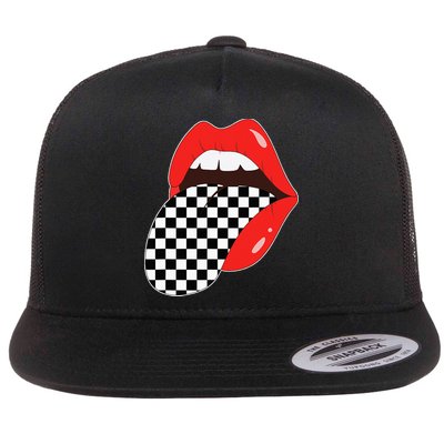 Checkerboard Red Lips Checkered Tongue Out Flatbill Hat