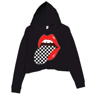 Checkerboard Red Lips Checkered Tongue Out Crop Fleece Hoodie