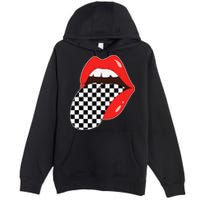 Checkerboard Red Lips Checkered Tongue Out Premium Pullover Hoodie