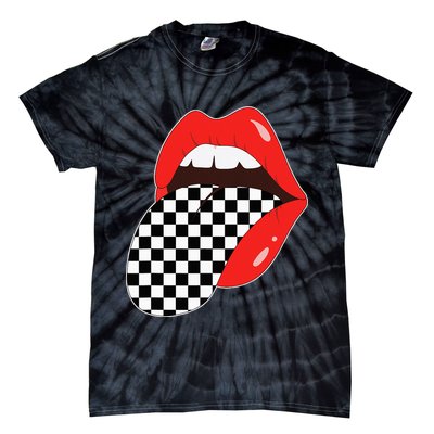 Checkerboard Red Lips Checkered Tongue Out Tie-Dye T-Shirt
