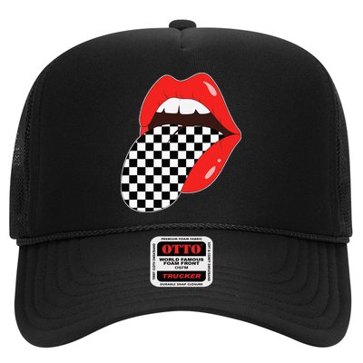 Checkerboard Red Lips Checkered Tongue Out Trucker Hat