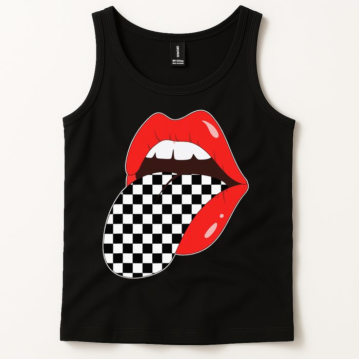 Checkerboard Red Lips Checkered Tongue Out Tank Top