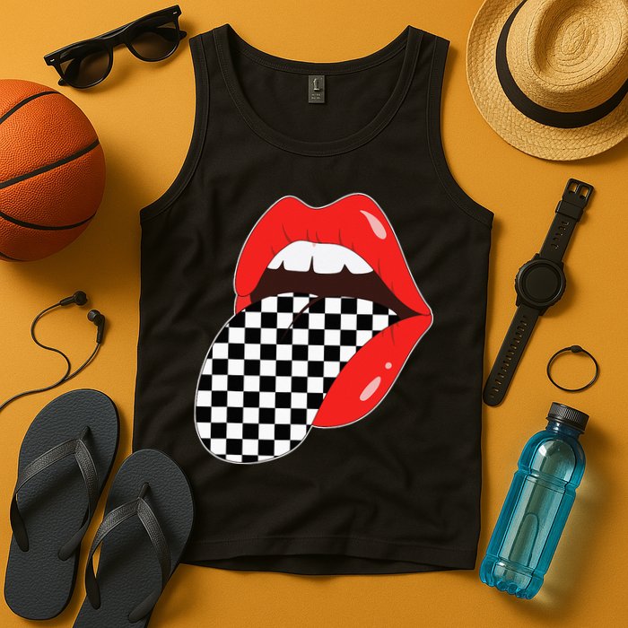 Checkerboard Red Lips Checkered Tongue Out Tank Top
