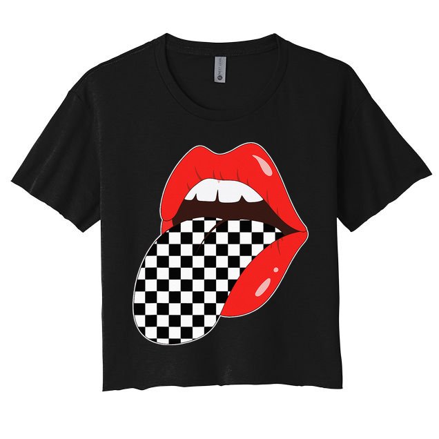 Checkerboard Red Lips Checkered Tongue Out Crop Top