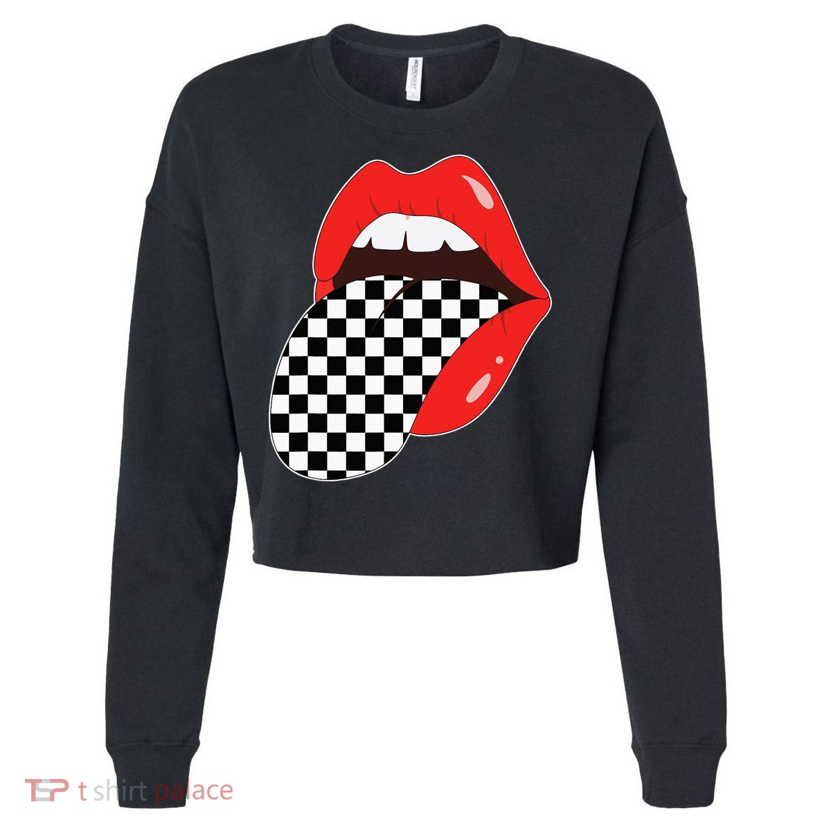 Checkerboard Red Lips Checkered Tongue Out Cropped Pullover Crew