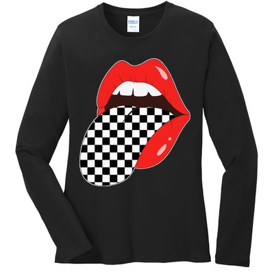Checkerboard Red Lips Checkered Tongue Out Ladies Long Sleeve Shirt