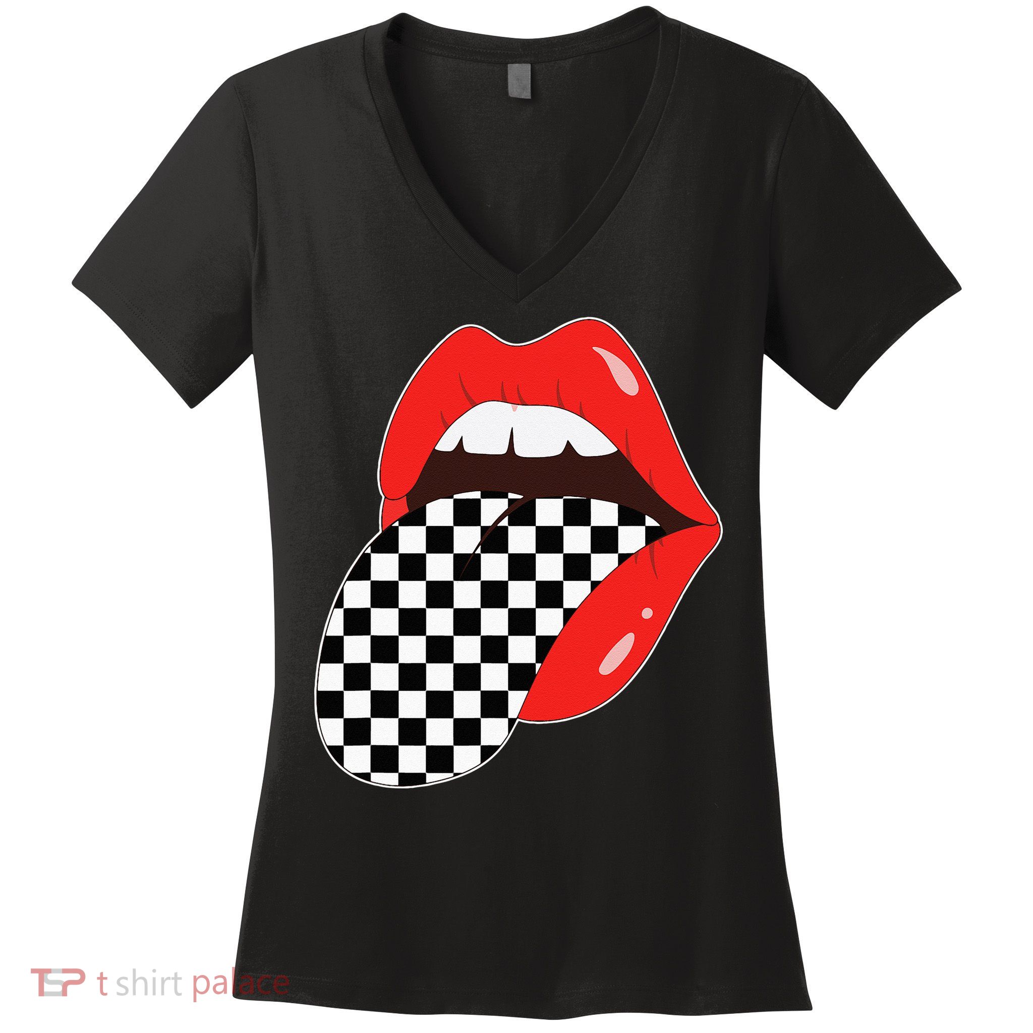Checkerboard Red Lips Checkered Tongue Out Women's V-Neck T-Shirt