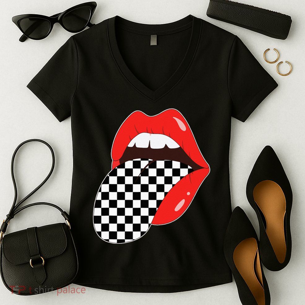 Checkerboard Red Lips Checkered Tongue Out Women's V-Neck T-Shirt