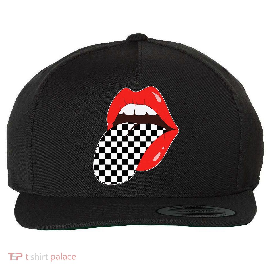 Checkerboard Red Lips Checkered Tongue Out Wool Snapback Cap