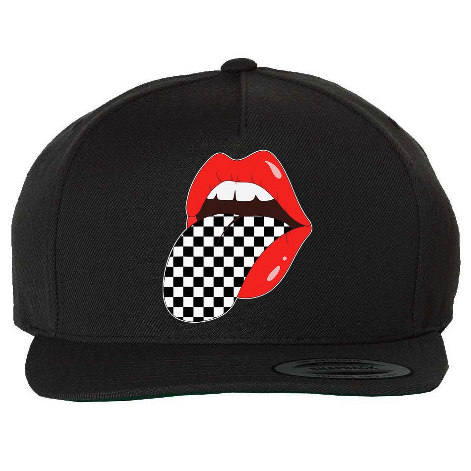 Checkerboard Red Lips Checkered Tongue Out Wool Snapback Cap