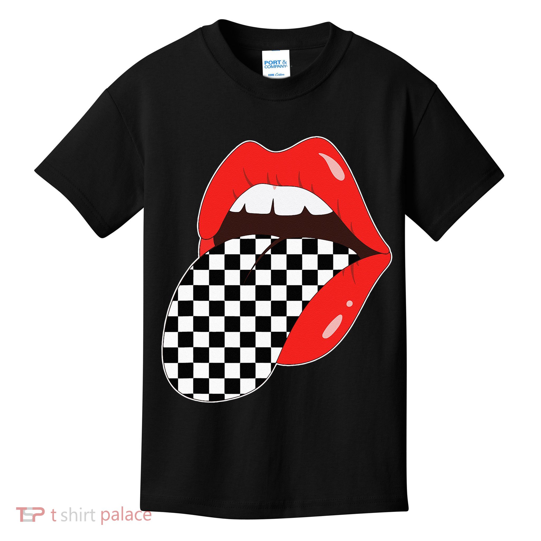 Checkerboard Red Lips Checkered Tongue Out Kids T-Shirt
