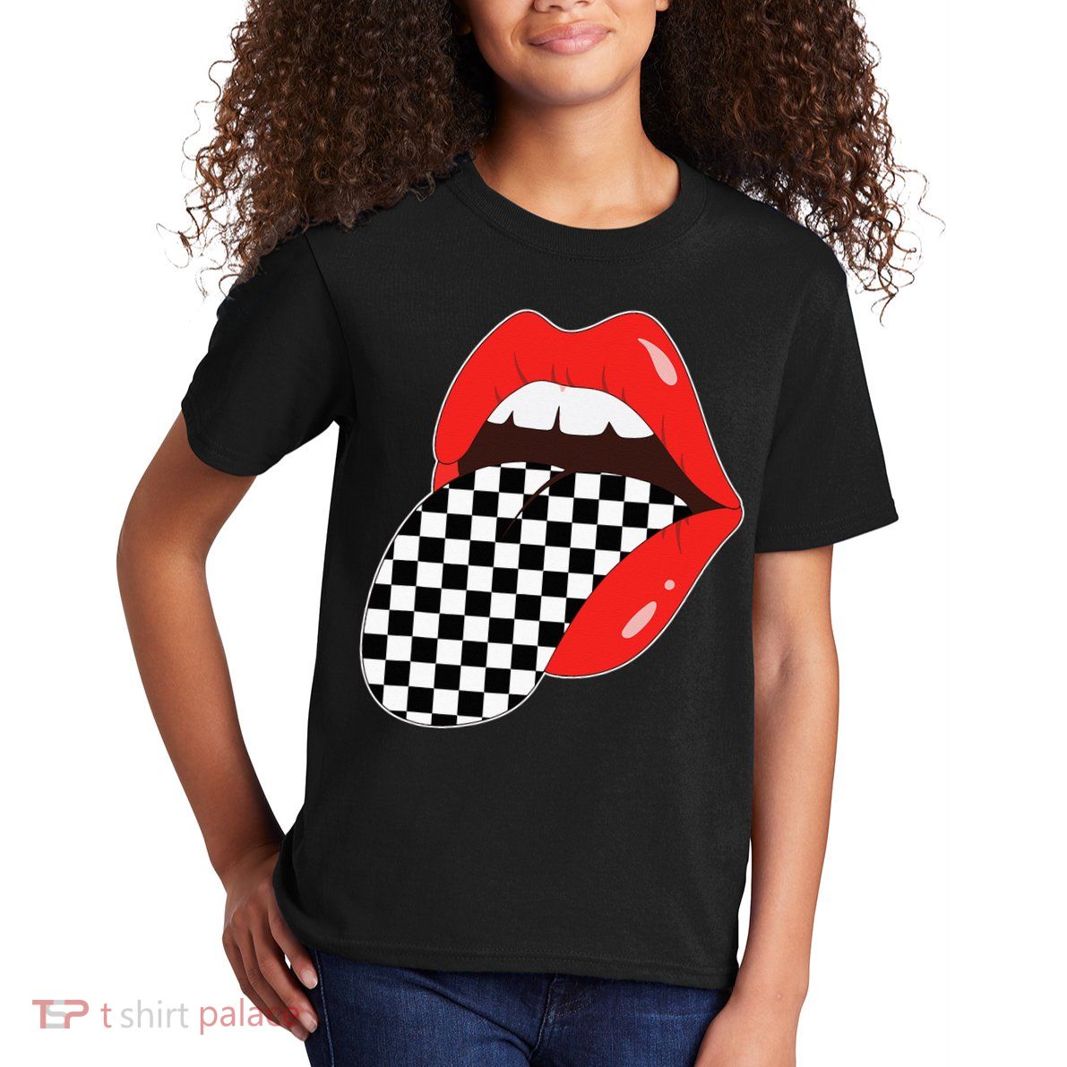 Checkerboard Red Lips Checkered Tongue Out Kids T-Shirt