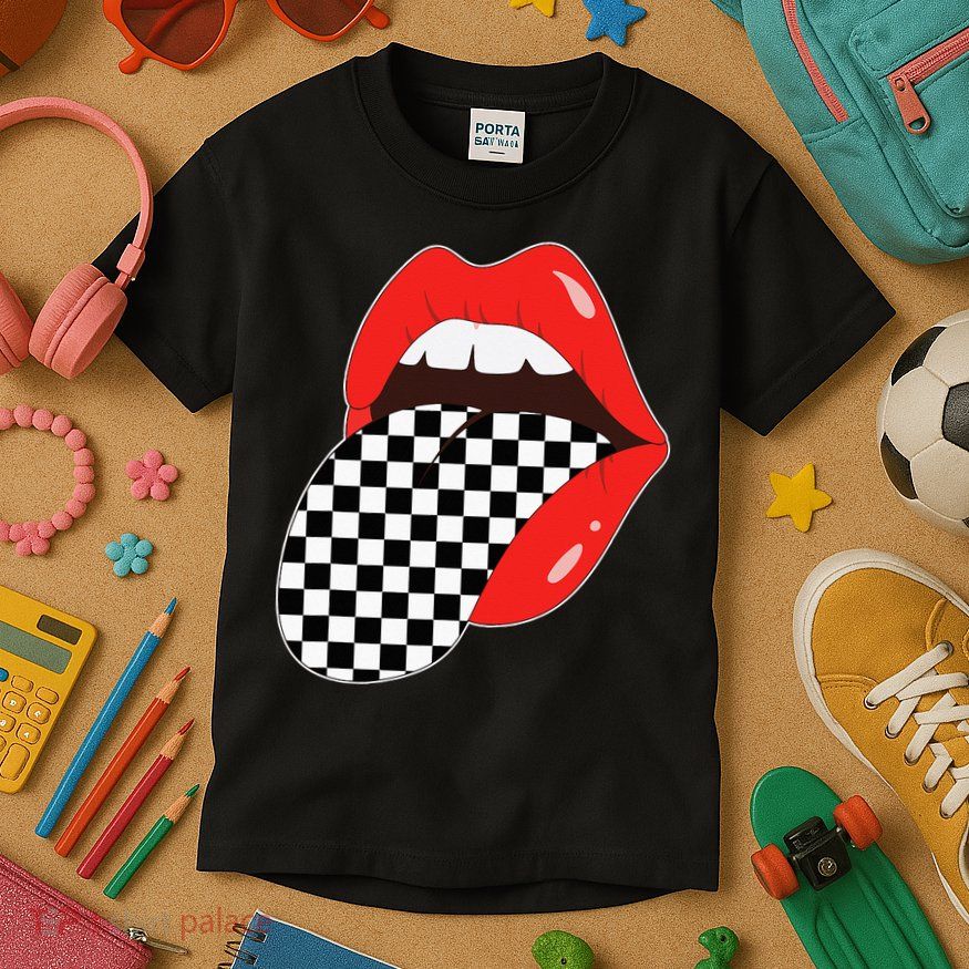 Checkerboard Red Lips Checkered Tongue Out Kids T-Shirt