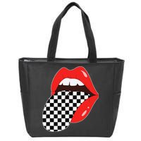 Checkerboard Red Lips Checkered Tongue Out Zip Tote Bag