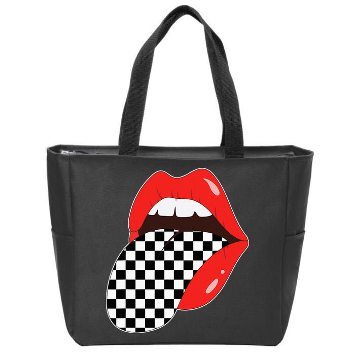 Checkerboard Red Lips Checkered Tongue Out Zip Tote Bag