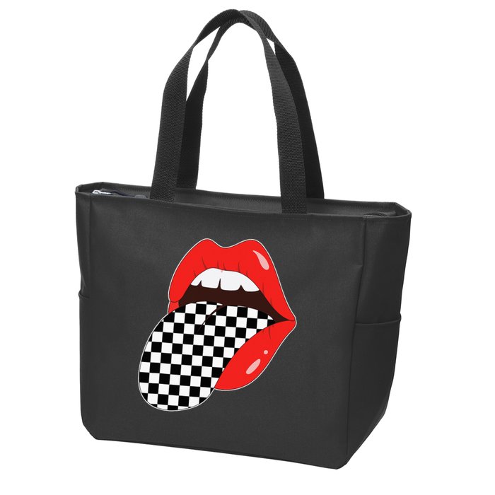 Checkerboard Red Lips Checkered Tongue Out Zip Tote Bag
