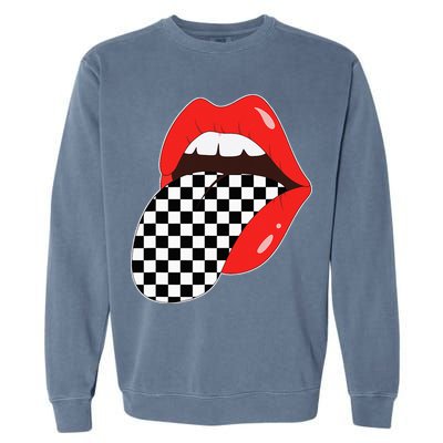 Checkerboard Red Lips Checkered Tongue Out Garment-Dyed Sweatshirt