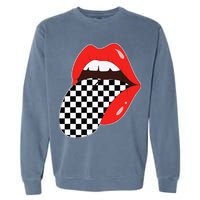 Checkerboard Red Lips Checkered Tongue Out Garment-Dyed Sweatshirt