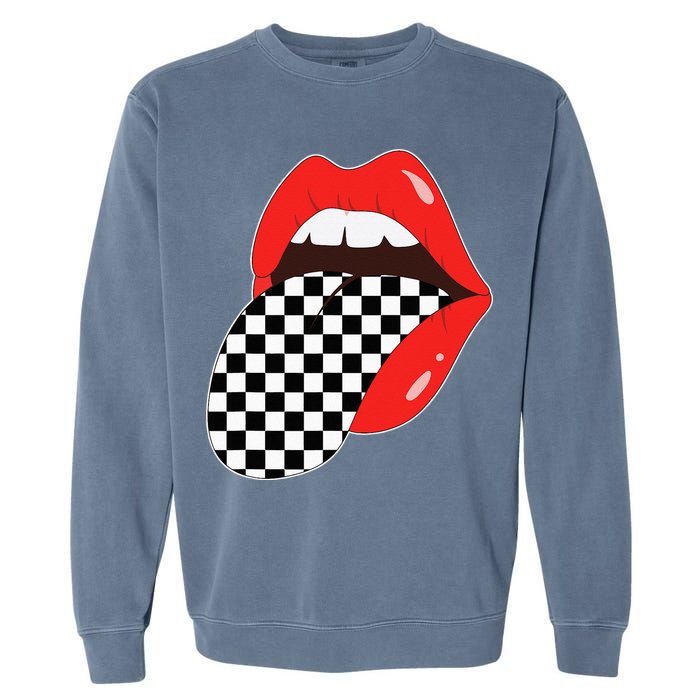 Checkerboard Red Lips Checkered Tongue Out Garment-Dyed Sweatshirt