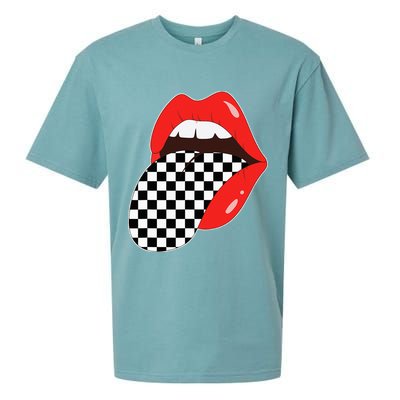 Checkerboard Red Lips Checkered Tongue Out Sueded Cloud Jersey T-Shirt