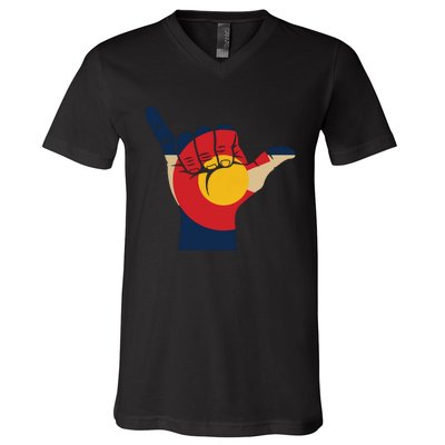 Colorado Rocky Mountain Shirts Shaka Sign Flag Of Colorado V-Neck T-Shirt