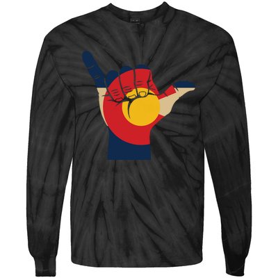 Colorado Rocky Mountain Shirts Shaka Sign Flag Of Colorado Tie-Dye Long Sleeve Shirt