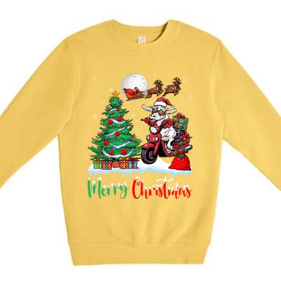 Cow Riding Motorcycle Santa Hat Xmas Merry Christmas Cow Gift Premium Crewneck Sweatshirt