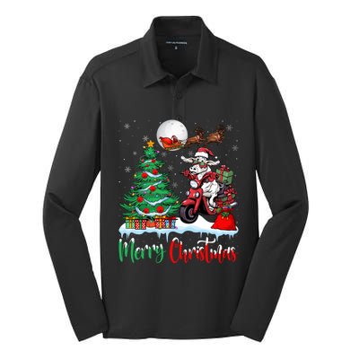 Cow Riding Motorcycle Santa Hat Xmas Merry Christmas Cow Gift Silk Touch Performance Long Sleeve Polo