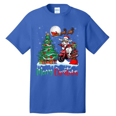 Cow Riding Motorcycle Santa Hat Xmas Merry Christmas Cow Gift Tall T-Shirt