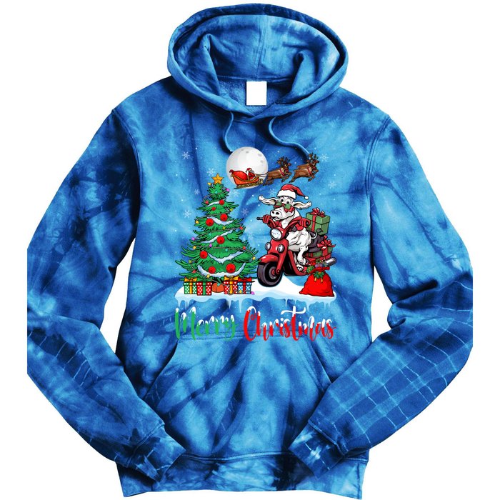 Cow Riding Motorcycle Santa Hat Xmas Merry Christmas Cow Gift Tie Dye Hoodie