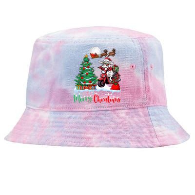 Cow Riding Motorcycle Santa Hat Xmas Merry Christmas Cow Gift Tie-Dyed Bucket Hat