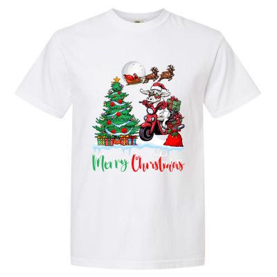 Cow Riding Motorcycle Santa Hat Xmas Merry Christmas Cow Gift Garment-Dyed Heavyweight T-Shirt