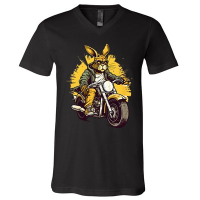 Cool Rabbit Motorcycle Rider Wild Hare Biker V-Neck T-Shirt