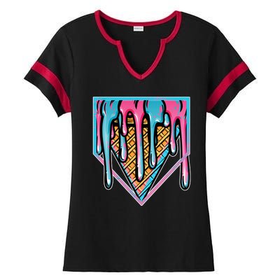 Cute Retro Melting Ice Cream Cone Baseball Home Plate Ladies Halftime Notch Neck Tee