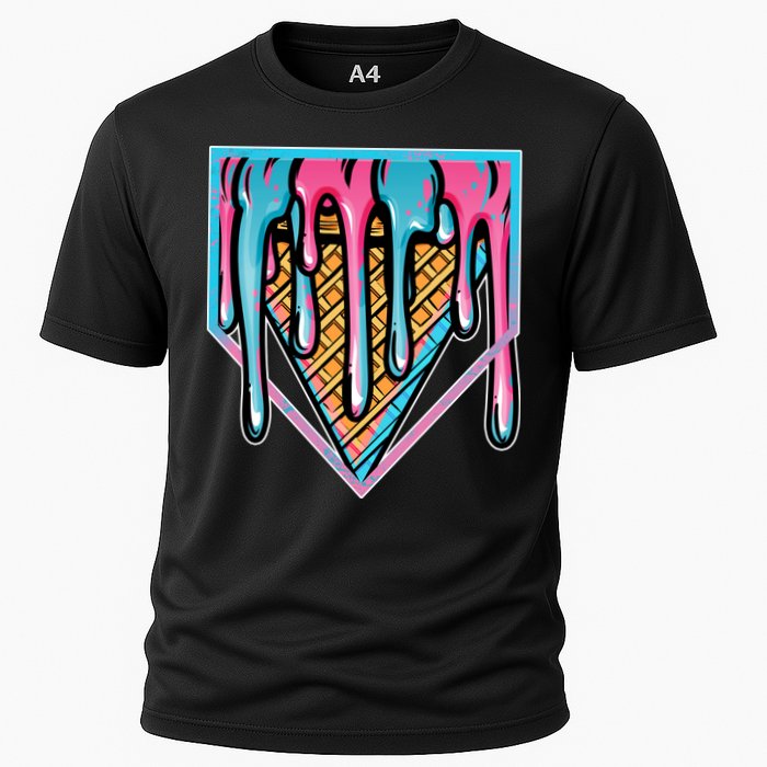 Cute Retro Melting Ice Cream Cone Baseball Home Plate Cooling Performance Crew T-Shirt