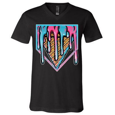 Cute Retro Melting Ice Cream Cone Baseball Home Plate V-Neck T-Shirt
